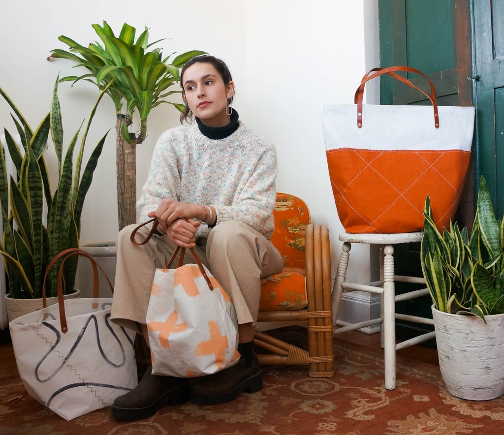 Recycled, Reclaimed & repurposed sails are used to make sustainable, eco friendly, waterproof sailcloth bags in the Eighth Belle Studio.